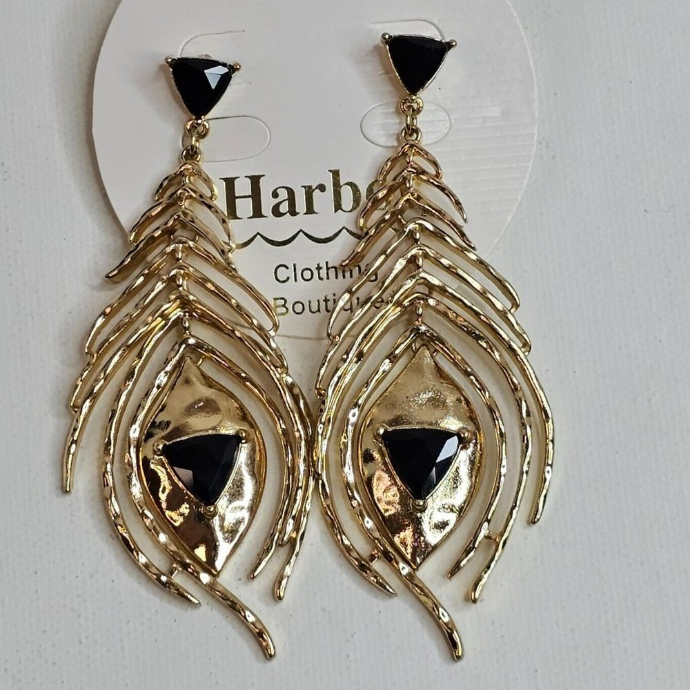 Layered Drop Gold Tone Earrings Black Crystal Beads Unbranded